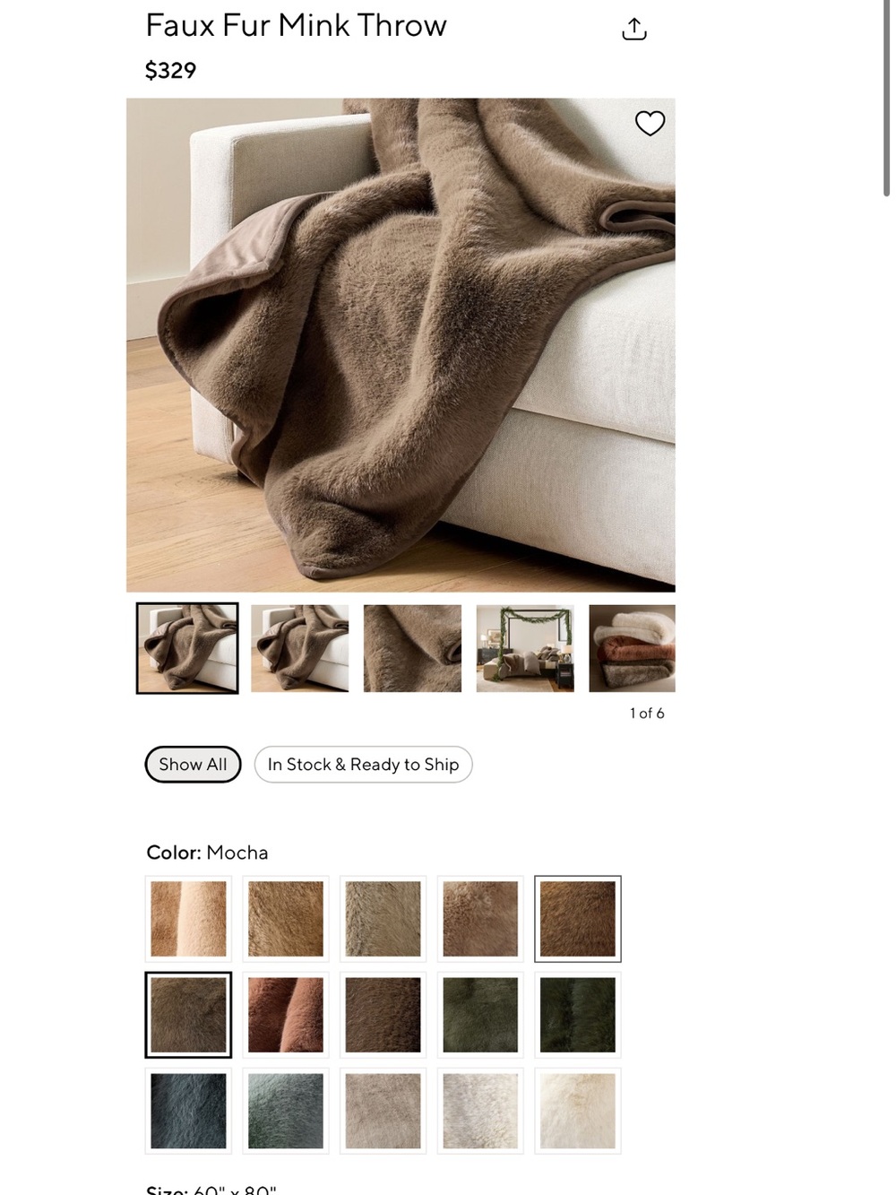 Pottery Barn Faux Fur Throw Blanket in Mocha Brown